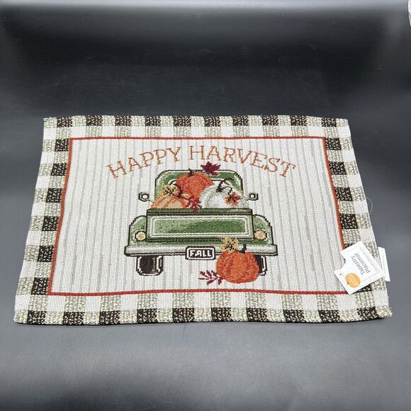 Fall Tapestry Fabric Placemats Set Of 4 Happy Harvest Retro Truck With Pumpkins - Picture 8 of 10